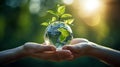 AI generated illustration of two hands clasping a green earth globe with lush green trees at the top Royalty Free Stock Photo