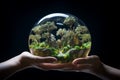 AI generated illustration of two hands holding a glass sphere terrarium Royalty Free Stock Photo