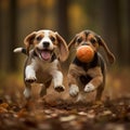 AI generated illustration of two happy puppies running on a dirt road, playing with a colorful ball