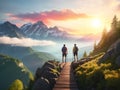 AI-generated illustration of two hikers admiring the view of snow-capped mountains during sunset