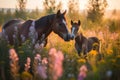 AI generated illustration of Two horses side by side in a lush green meadow