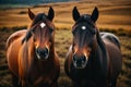 AI generated illustration of two horses stand in a sun-soaked open field, side by side Royalty Free Stock Photo