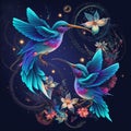 AI generated illustration of two hummingbirds with vibrant colors