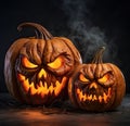 two carved pumpkins with evil eyes are on a dark surface