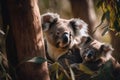 AI-generated illustration of two koala bears, the mother with a joey climbing a tree.