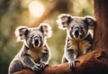 two koala bears sitting in a tree together looking out of the window