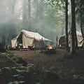 two large tents are in a clearing with firepits Royalty Free Stock Photo