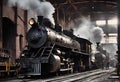 two train engine locomotives are sitting in a building in a station