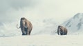 AI generated illustration of two majestic woolly mammoths on a snow-covered plain