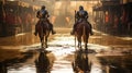 two knights are riding horses down a street in a fantasy setting