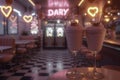 AI generated illustration of two milkshakes in a nostalgic diner, illuminated by heart-shaped lights