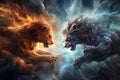 AI generated illustration of two opposing sides of the zodiac sign Leo in a cosmic battle