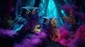 AI generated illustration of two owls perched on a branch illuminated by moonlight