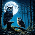 an image of two owls sitting on a branch in the woods Royalty Free Stock Photo