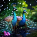 AI generated illustration of two peacocks standing on a rocky outcrop in a lush grassy meadow
