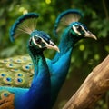 AI generated illustration of two peacocks standing on a rocky outcrop in a lush grassy meadow