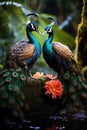 AI generated illustration of two peacocks standing on a rocky outcrop in a lush grassy meadow