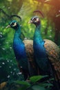 AI generated illustration of two peacocks standing on a rocky outcrop in a lush grassy meadow