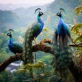 AI generated illustration of two peacocks standing on a rocky outcrop in a lush grassy meadow