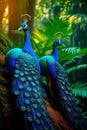 AI generated illustration of two peacocks standing on a rocky outcrop in a lush grassy meadow