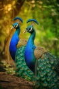 AI generated illustration of two peacocks standing on a rocky outcrop in a lush grassy meadow