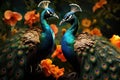 AI generated illustration of two peacocks standing on a rocky outcrop in a lush grassy meadow