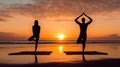 AI generated illustration of two people enjoying a peaceful evening yoga session on the beach