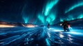 AI generated illustration of two people riding motorcycles on a snowy road under the aurora borealis Royalty Free Stock Photo