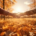 AI generated illustration of two people shaking hands in sunlight in autumn Royalty Free Stock Photo