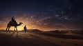 AI generated illustration of Two people, silhouetted against a sunset, ride a majestic camel Royalty Free Stock Photo