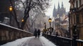 AI generated illustration of two people walking down a sidewalk with gothic buildings in winter