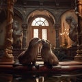 AI generated illustration of two playful river otters embracing in a grand castle backdrop