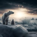 AI generated illustration of two polar bears on a snow-covered landscape near a small iceberg Royalty Free Stock Photo