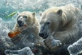 AI generated illustration of two polar bears swimming in a sea polluted with plastic bottles Royalty Free Stock Photo