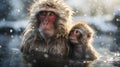 AI generated illustration of two primates sitting in the water while it's snowing