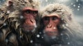 AI generated illustration of two primates sitting in the water while it's snowing