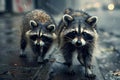 AI-generated illustration of Two raccoons strolling in rain on urban street Royalty Free Stock Photo