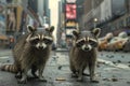 AI-generated illustration of Two raccoons strolling in rain on urban street Royalty Free Stock Photo