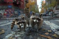 AI-generated illustration of Two raccoons strolling in rain on urban street Royalty Free Stock Photo