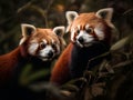 AI-generated illustration of two red pandas lounging in a lush, grassy area.