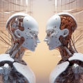 AI generated illustration of two robots with white bodies and various wires and cables attached