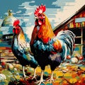 AI generated illustration of two roosters walking through a rustic farm yard