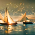 AI generated illustration of two sailboats gliding along a tranquil lake on a sunny day Royalty Free Stock Photo