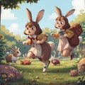 AI generated illustration of two school going girls with rabbit like ears hopping around in a green landscape