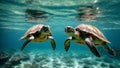 AI generated illustration of two sea turtles swimming in blue waters Royalty Free Stock Photo