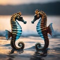 two seahorses are on the beach at sunset, facing each other
