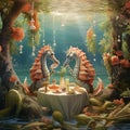 AI generated illustration of two seahorses doing picnic in an underwater environment