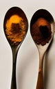 AI generated illustration of two silver spoons containing a scoop of spices Royalty Free Stock Photo