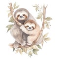 AI generated illustration of two sloths sitting in a tree on a white background