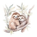 AI generated illustration of two sloths sitting in a tree on a white background